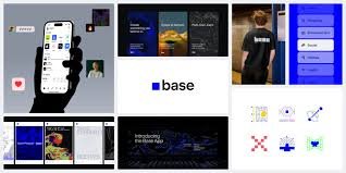 The image features a collage of various elements related to the app Base. The top left corner displays an iPhone, while the bottom right corner shows a person's hand holding an iPhone. In the center, there are two blue squares with white text that say "Base". On the far right side, there is a black square with white text that says "Crypto trading + wallet". The image also includes a post on social media and a logo for Base app.
