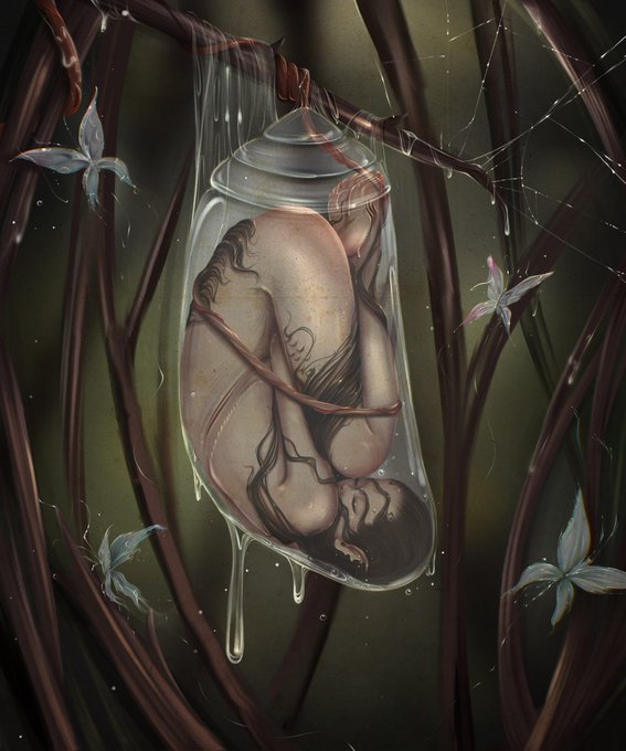 The image features an illustration of a woman wrapped up in a glass jar surrounded by butterflies. The jar has a clear plastic cover, which adds to the artistic nature of the scene. The painting is done in a digital art style with a brown background that contrasts well with the white and blue elements within it. The artist's signature can be seen at the bottom right corner of the image.