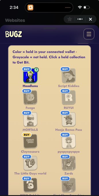 A mobile screenshot of a website called 'BUGZ' showing a collection of NFT-style items including 'Hoodlums', 'Script Kiddies', 'Fuego', 'RUYUI', 'MORTALS', 'Hooja Bonus Pass', 'Claynosaurz', 'pyopyopyopyo', 'The Little Guys world', and 'Zards', with a note that Color is held in connected wallet while Grayscale is not.