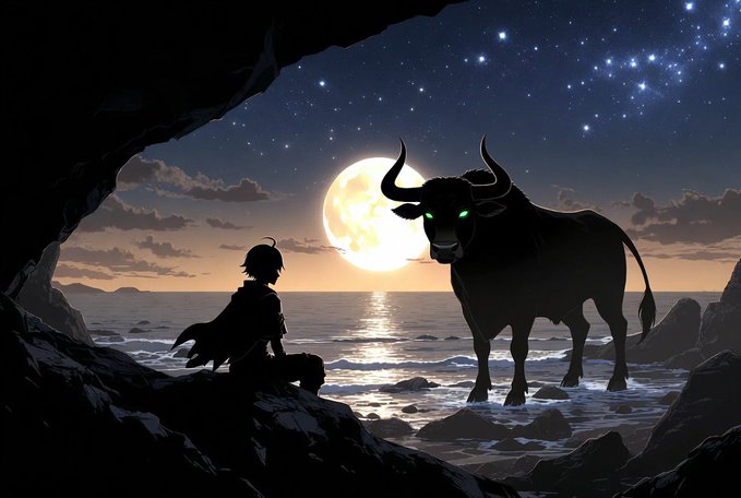 An anime-style illustration of a cloaked figure sitting on rocks at night, facing a large bull with glowing green eyes under a starry sky and full moon.