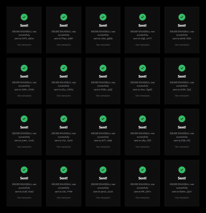 A grid of transaction confirmations showing multiple successful $500,000 SNKRBULL token transfers to various wallet addresses.