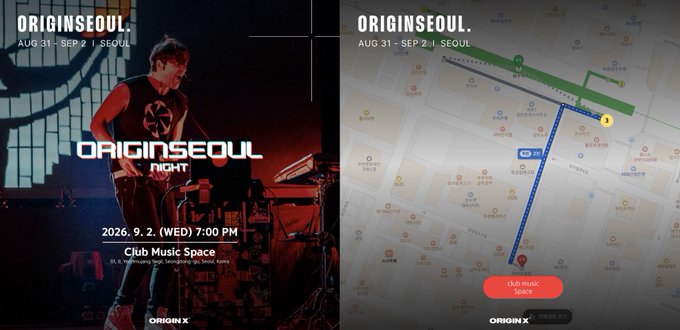 A promotional image for a concert or event titled 'ORIGINSEOUL' taking place from 'AUG 31 - SEP 2' in Seoul, featuring a photo of a DJ on the left and a map of the venue on the right, scheduled for '2026. 9. 2 (WED) 7:00 PM' at 'Club Music Space'.