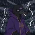 An animated illustration of a dark, hooded figure with glowing eyes smoking a cigarette against a stormy background with lightning.