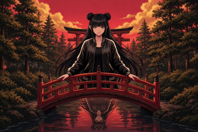 A dark-haired anime character with twin buns stands on a red Japanese-style bridge under a blood-red sky, her reflection mirrored in the water below alongside a torii gate in the background. The image evokes the Hazuki-style aesthetic of the @0xhazels NFT project, visually representing the mysterious, ethereal quality the post highlights as reason enough to remain active in the collection.