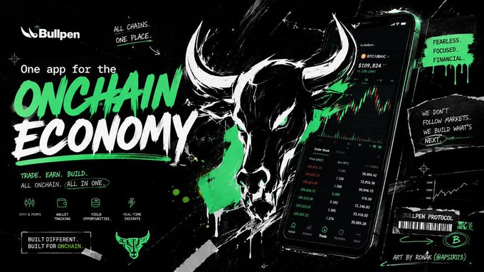 An edgy promotional graphic for Bullpen titled 'One app for the ONCHAIN ECONOMY' featuring a black and white bull skull illustration with green paint accents and a smartphone displaying trading charts.