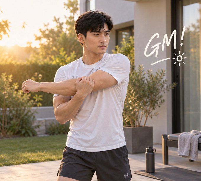 A man in athletic wear stretches his arm outdoors at sunrise with 'GM!' written in the corner.