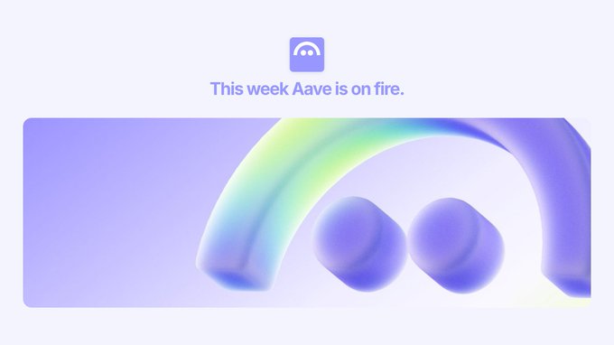 The image features a purple background with an arrow pointing towards two blue balls, one of which has a smiley face drawn above it. The caption below the image reads "This week @aave is on fire." This suggests that the image is related to a social media post or advertisement for a product or service named "@aave".