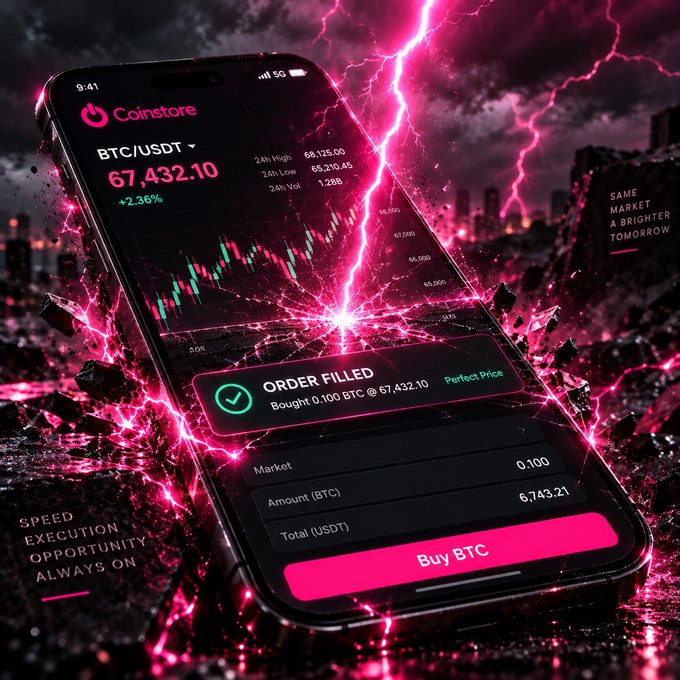 A promotional graphic for "Coinstore" displaying BTC/USDT trading at 67,432.10 with an "ORDER FILLED" confirmation and a "Buy BTC" button against a pink, electric background.