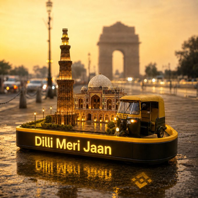 A 3D-rendered souvenir-style display titled 'Dilli Meri Jaan' (Delhi My Life) featuring miniature replicas of the Qutub Minar, Taj Mahal, an auto-rickshaw, and India Gate in the background.