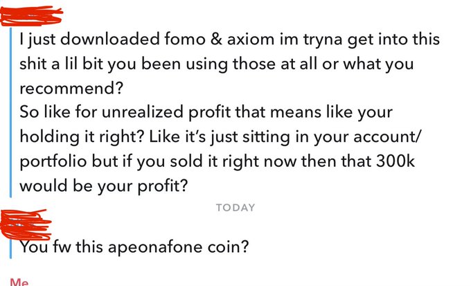 A chat conversation where someone asks about the apps "fomo" and "axiom" for crypto trading, then mentions holding 300k in unrealized profit, before finally asking "You fw this apeonafone coin?" — corresponding to the poster's caption about their friend downloading Fomo and immediately asking about $FONE.
