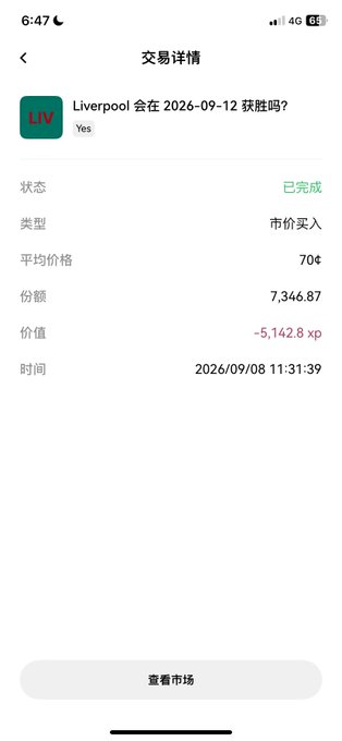A Chinese-language mobile app screenshot showing a completed transaction for 'Liverpool 会在 2026-09-12 获胜吗?' (Yes), a market buy of 7,346.87 shares at an average price of 70¢, valued at -5,142.8 zp, completed on 2026/09/08.