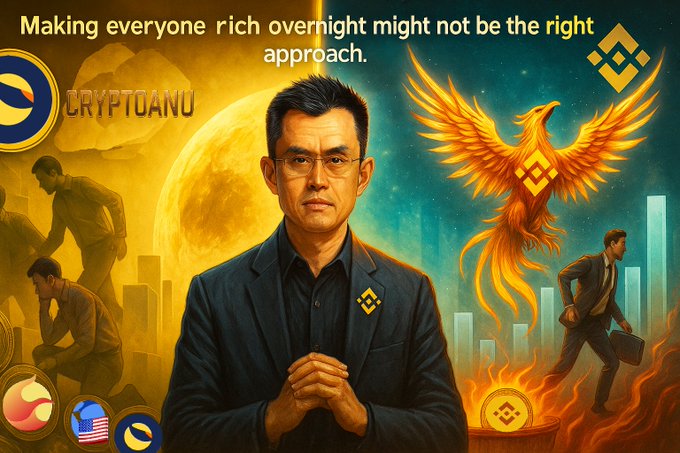 Crypto promotional graphic featuring a man in a suit with the Binance logo, a phoenix, and the text 'Making everyone rich overnight might not be the right approach' branded as CRYPTOANU.