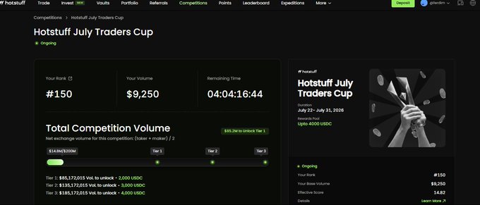 A screenshot of the Hotstuff July Traders Cup competition page shows rank #150, a volume of $9,250, and a remaining time of 04:04:16:44. The prizes listed are 2,000 USDC for Tier 1, 3,000 USDC for Tier 2, and 4,000 USDC for Tier 3.