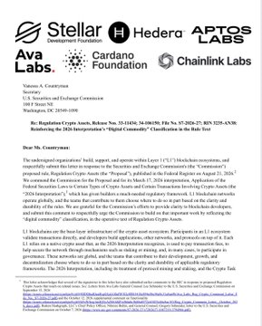 A document cover lists contributors including “Stellar Development Foundation,” “Hedera,” “Aptos Labs,” “Cardano Foundation,” and “Chainlink Labs,” followed by a formal filing title and small legal text.