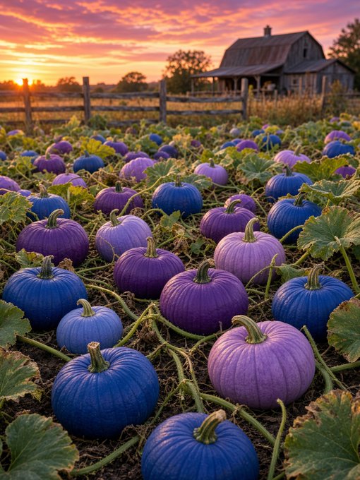 A pumpkin patch at sunset with vibrant purple and blue pumpkins scattered across the field, featuring a wooden fence and rustic barn in the background.