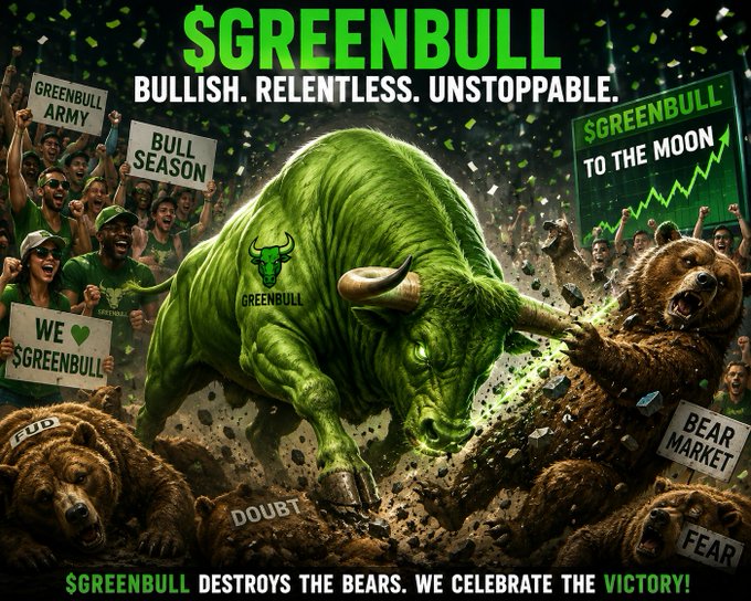 A muscular green bull emblazoned with the "$GREENBULL" logo charges through a crowd of defeated brown bears, with celebratory fans holding signs reading "GREENBULL ARMY," "BULL SEASON," and "$GREENBULL TO THE MOON," while the bears cower beneath labels like "FUD," "DOUBT," and "BEAR MARKET." The graphic promotes the $GREENBULL memecoin with the tagline "BULLISH. RELENTLESS. UNSTOPPABLE" and "$GREENBULL DESTROYS THE BEARS. WE CELEBRATE THE VICTORY!" — visually reinforcing the post's message of bulls dominating bears and the community rallying around the token's bullish momentum.