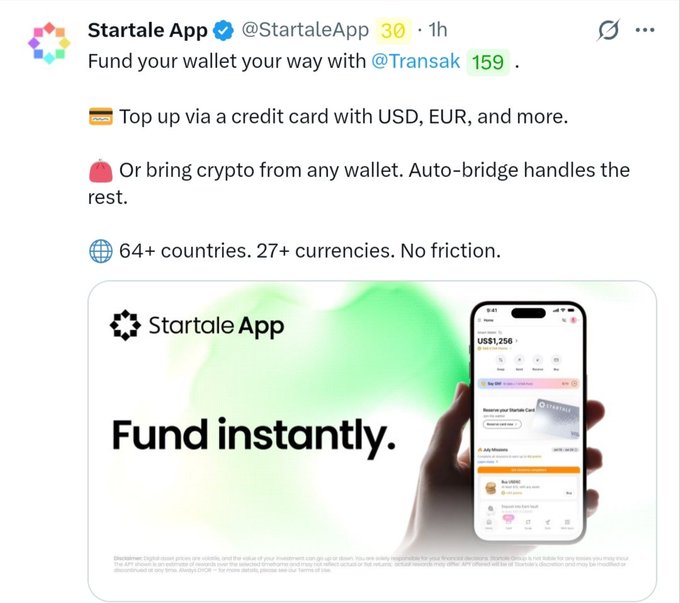 A tweet from Startale App (@StartaleApp) advertising wallet funding options with Transak, showing a 'Fund instantly.' banner and a mobile app interface.