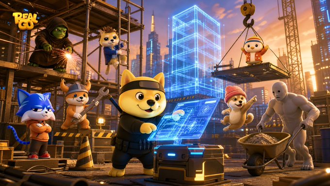 An animated construction site features characters like Shiba Inu, Sonic, a Shrek-like figure, and others working around a glowing holographic "Real GO" structure, symbolizing the active development of a new AI-powered Swap System. The image visually reinforces the post's message of building toward a next-level trading platform milestone.