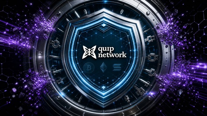 A digital graphic featuring a metallic shield with the "quip network" logo in the center, surrounded by cryptocurrency symbols (Bitcoin, Ethereum) against a purple cosmic background with hexagonal patterns.