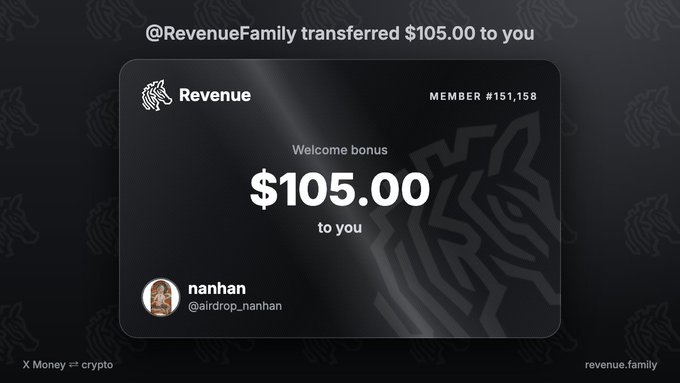 A digital transaction card showing '@RevenueFamily transferred $105.00 to you' with the Revenue brand logo, listing the recipient as 'nanhan (@airdrop_nanhan)' as 'MEMBER #151,158' for a 'Welcome bonus,' branded 'X Money ⇄ crypto' and 'revenue.family.'