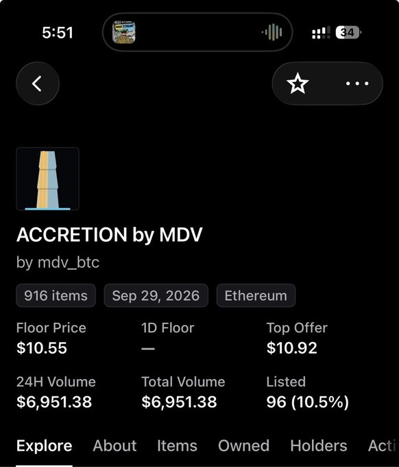 An OpenSea mobile app page for the "ACCRETION by MDV" collection by mdv_btc on Ethereum, with a floor price of $10.55 and 24H/total volume of $6,951.38.