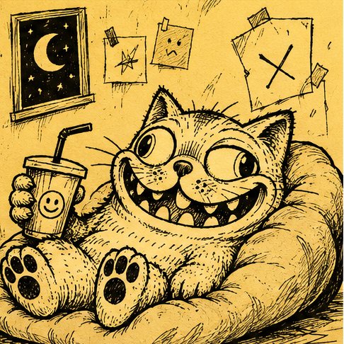 A cartoon sketch depicts a grinning cat lounging with a smiley-face drink, with papers bearing X marks taped to the wall behind it.