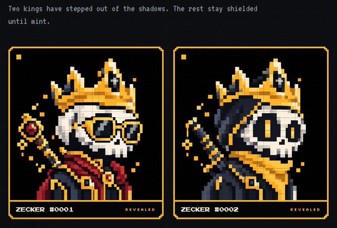 Pixel art NFT-style portraits of two crowned skeleton characters labeled 'ZECKER #0001' and 'ZECKER #0002', with text reading 'Two kings have stepped out of the shadows. The rest stay shielded until mint.'