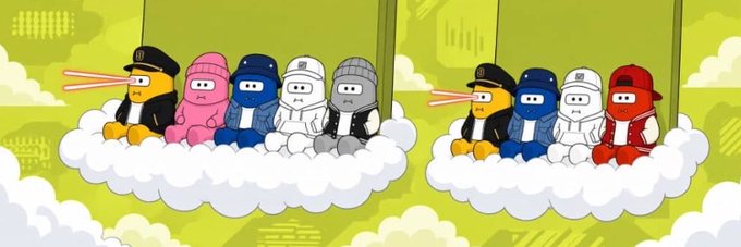 A cartoon illustration showing two groups of Aavegotchi-style NFT characters sitting on clouds, including various colored hooded figures with diamond eyes.