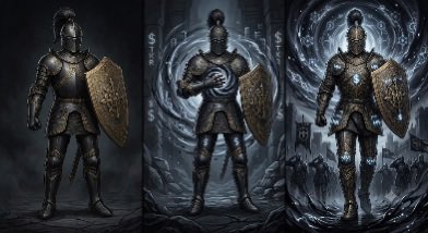 Three panels showing a dark fantasy illustration of an armored knight with a sword and shield in different atmospheric settings.