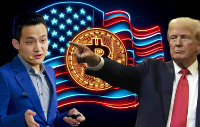 The image features two men, one wearing a suit and the other wearing a red tie, standing next to each other with their arms outstretched towards the camera. The man in the suit has his hand extended upwards, while the man in the red tie has his hand pointing downwards. In front of them is an American flag with the words "The United States of America" written on it. There are also two logos present in the image: one for Bitcoin and another for Donald Trump.