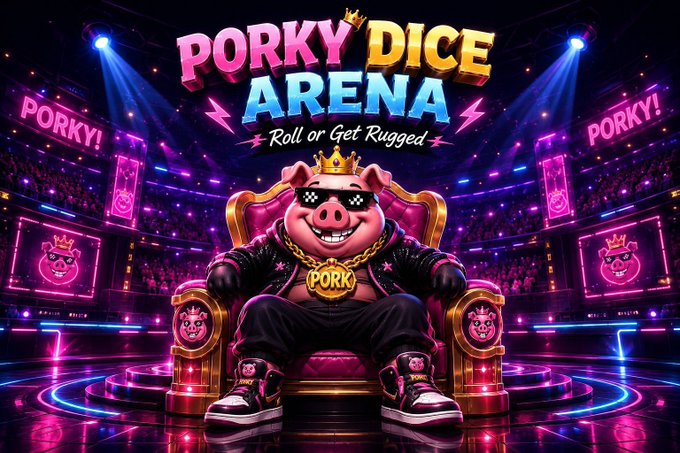 The image features an advertisement for a new game called Porky Dice Arena. The poster showcases a cartoon pig sitting on a chair with sunglasses and a crown, surrounded by other cartoon characters. The background of the poster displays a pink neon-lit stage with a large screen displaying the game's title in white text against a black background.

The image also includes some text that reads "Just found something different in the meme coin space $PORK launched a browser game called Porky Dice Arena Free daily rolls Unlockable avatars Competitive leaderboard Legendary 6-6-6 jackpot combo Honestly, the UI looks better than most crypto projects". This suggests that the game is unique and has an interesting concept.