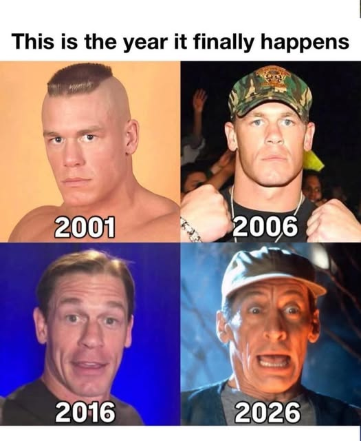 A four-panel image showing the progressive physical transformation of John Cena from 2001 (2006, 2016, and culminating in a dramatic, aged appearance in 2026) under the caption "This is the year it finally happens," humorously representing the meme-stock timeline tied to $BNKR's rise as an autonomous "agent that acts while you sleep."