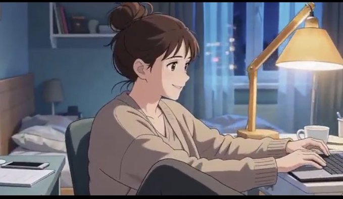 An anime-style illustration of a young woman with a hair bun wearing a beige cardigan, sitting at a desk and smiling while typing on a keyboard beside a lamp at night.
