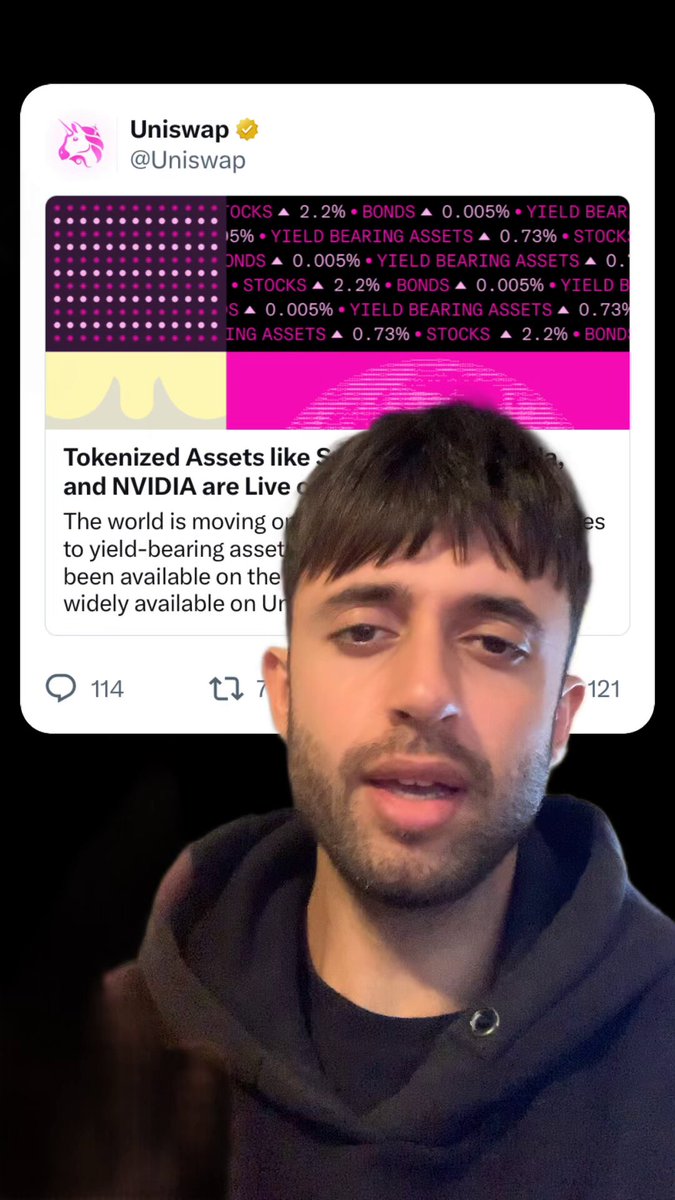 The image features a man wearing a black hoodie, with his face displayed on social media. He has a beard and appears to be smiling for the camera. The background of the photo shows a pink banner that says "Uniswap" along with some text about tokenized assets like stocks and their value. The post also mentions that Uniswap is making it possible for users to acquire tokenized stocks, such as $APPLE, $SPCX, & $NVDA, which are worth 9 Billion in swap volume.