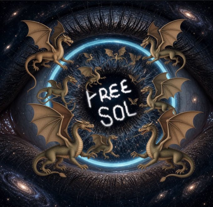 A digital artwork featuring multiple dragons arranged in a circular pattern around a cosmic blue portal, with the text 'FREE SOL' displayed in the center.