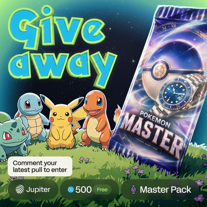 A vibrant "Give away" promotional graphic features Pikachu, Charmander, Squirtle, and Bulbasaur alongside a Pokémon-themed Master pack displaying a Rolex watch, advertising a giveaway of 3 Master Packs worth $500 each, with instructions to comment your latest Jupiter Gacha pull, tag 3 friends, and follow @jupiter_trade.