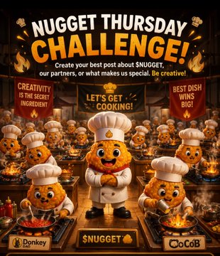 A promotional graphic for a 'NUGGET THURSDAY CHALLENGE!' featuring cartoon chicken nugget characters dressed as chefs in a kitchen setting, with the text 'Creativity is the secret ingredient', 'Let's get cooking!', and 'Best dish wins big!'.