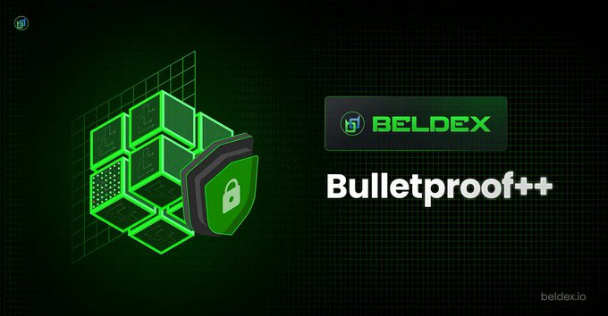 A promotional graphic for 'BELDEX' cryptocurrency featuring the text 'Bulletproof++' alongside a green 3D cube and shield lock icon.