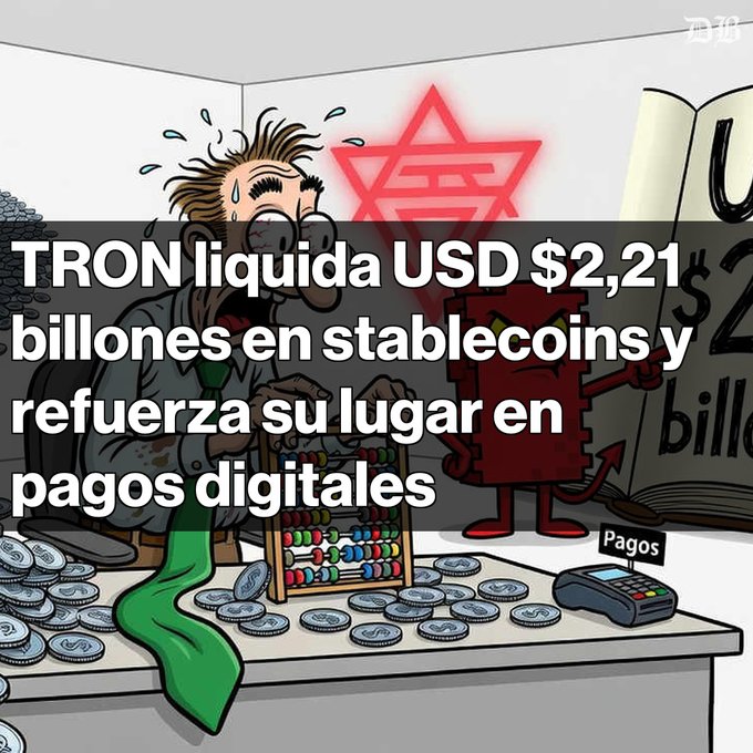 A cartoon illustration of a stressed accountant with a devil character, featuring Spanish text: 'TRON liquida USD $2,21 billones en stablecoins y refuerza su lugar en pagos digitales'.