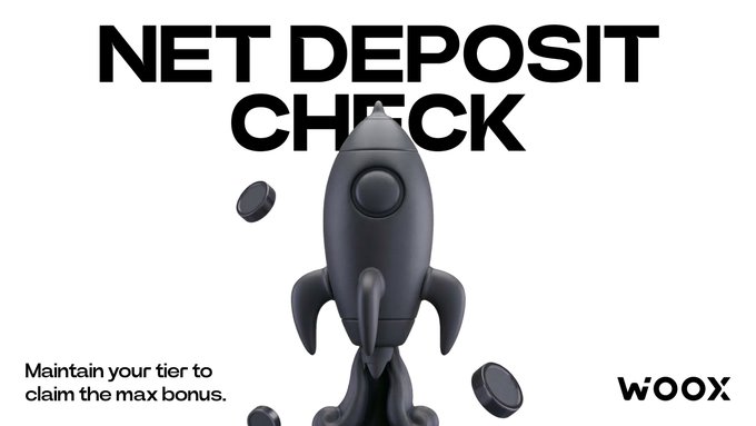 The image features a black rocket ship with a text overlay that reads "Net Deposit Check" and "Maintain your tier to earn more!". The rocket ship appears to be floating above some coins, which are scattered around its base. The text also mentions that the program uses a sustained net deposit calculation rather than cumulative deposits or withdrawals, which can help users maximize their reward tiers on the platform called Woox.io.