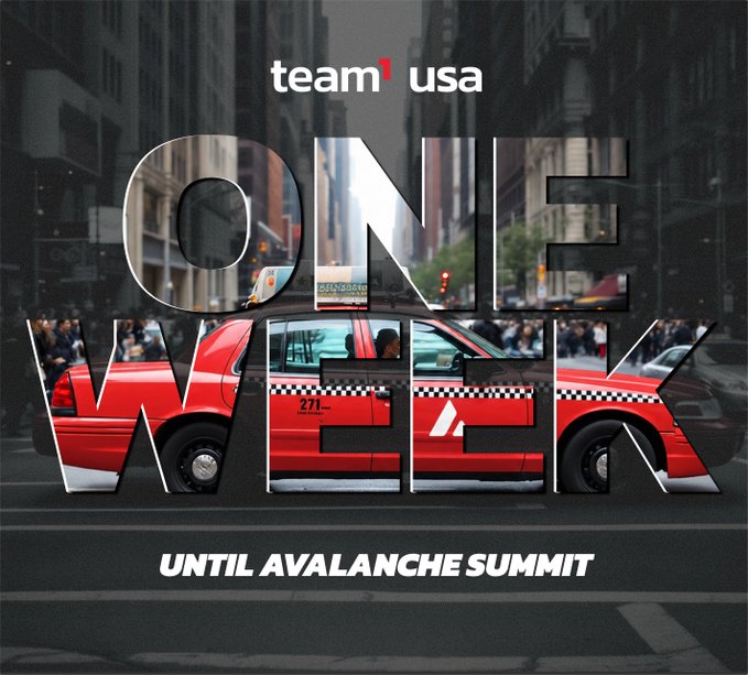 A promotional graphic for 'team usa' featuring a New York City taxi cab with 'ONE WEEK' cut out as a window to the street scene, accompanied by the text 'UNTIL AVALANCHE SUMMIT'.