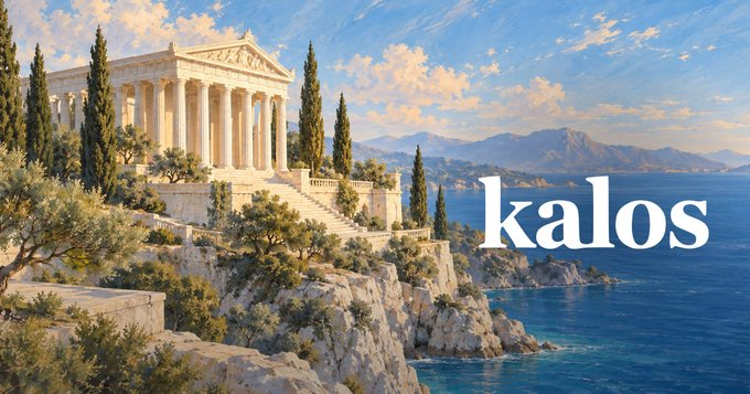 An illustrated landscape showing an ancient Greek-style temple on a coastal cliff with columns and steps, overlooking a blue sea with mountains in the distance, with the word 'kalos' in white serif text on the right.