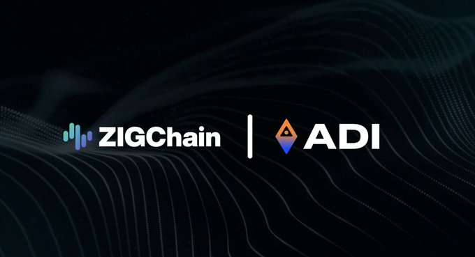 A dark, abstract background featuring flowing wave patterns displays two logos side by side: "ZIGChain" with a teal and purple bar-chart-style icon on the left, and "ADI" accompanied by a blue diamond-shaped logo on the right, separated by a vertical line.