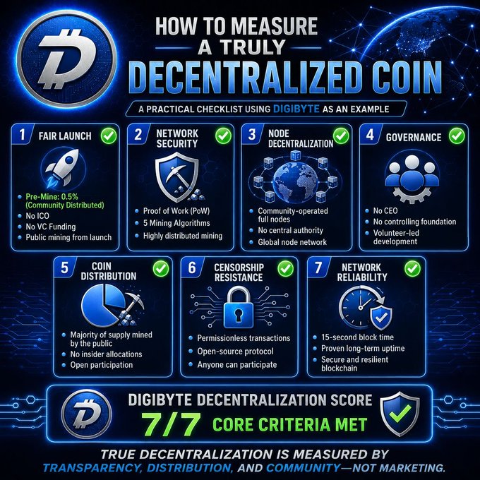 A promotional infographic titled 'HOW TO MEASURE A TRULY DECENTRALIZED COIN' using Digibyte as an example, showing a 7/7 Decentralization Score across criteria like Fair Launch, Network Security, and Governance.