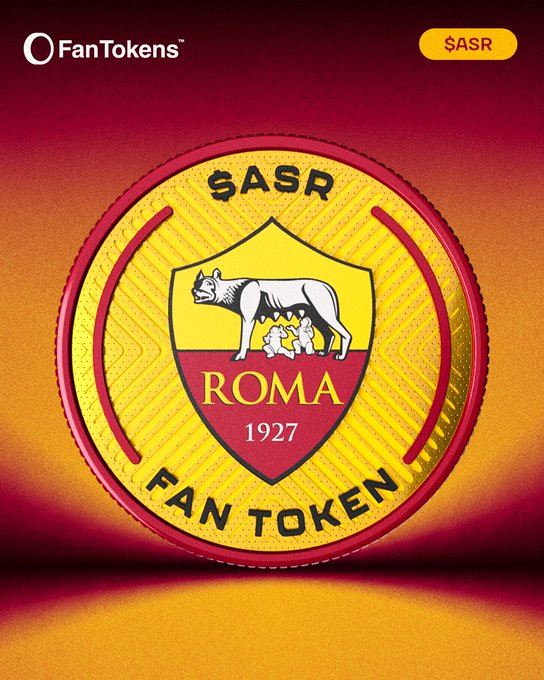 A promotional graphic for the $ASR Fan Token featuring the AS Roma 1927 wolf logo on a gold and red coin with 'FanTokens' branding.