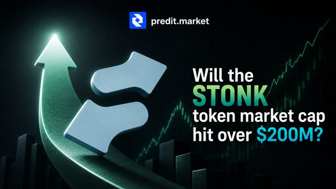 A promotional graphic for predict.market asking 'Will the STONK token market cap hit over $200M?' featuring a large blue arrow pointing upward.