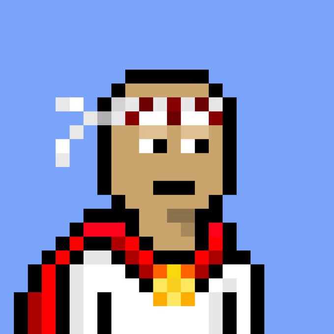 A low-resolution pixel art character with brown skin, wearing a red and white headband and a red and white outfit, is set against a solid blue background.