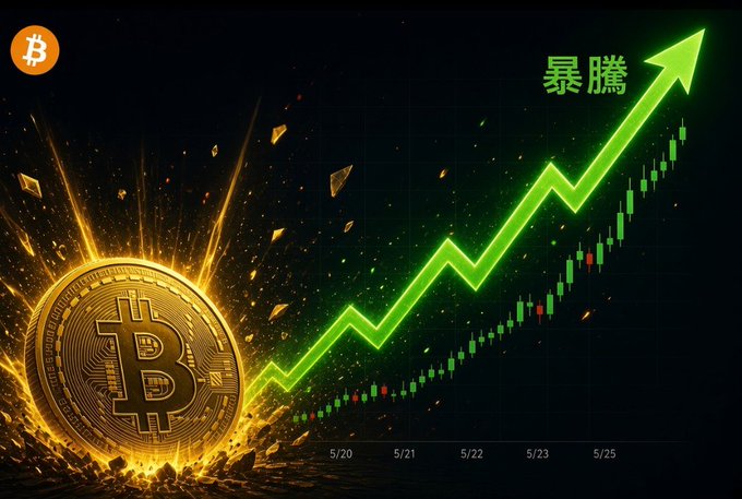 The image features a golden Bitcoin coin exploding with energy alongside a green upward-pointing arrow and candlestick chart, with the Japanese text "暴騰" (meaning "surge/soar") prominently displayed. The dates 5/20 through 5/25 are shown on the x-axis, visually reinforcing the post's message about tonight's critical US CPI announcement at 9/11 that could trigger a major Bitcoin rally.