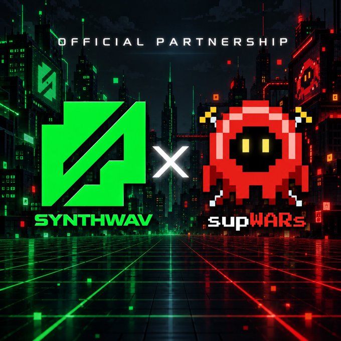A promotional graphic for an 'OFFICIAL PARTNERSHIP' between 'SYNTHWAV' (represented by a green logo) and 'supWARs' (represented by a red pixelated alien character) against a neon-lit city background.