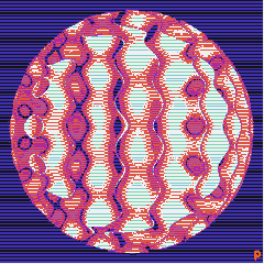 Abstract digital artwork featuring intricate patterns of red handprints, dots, and wavy lines on a circular canvas with a dark blue and black striped background.